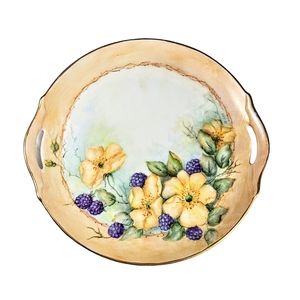 Vintage Hand Painted Signed Porcelain Platter Plate Floral And Berries 11 in